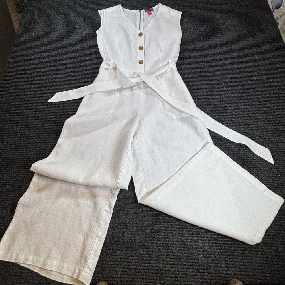 Vince Camuto Womens White 100% Linen Wide Leg Sleeveless Belted Jumpsuit XS‎